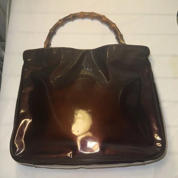 GUCCI Medium Diana Bamboo Handle Chocolate Enamel Leather Women Shoulder Bag GUC - Picture 1 of 15